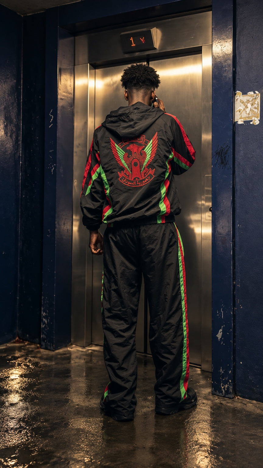 Back view of a model wearing the black NGL tracksuit by an elevator, showing the large back crest and red and green trouser stripes.