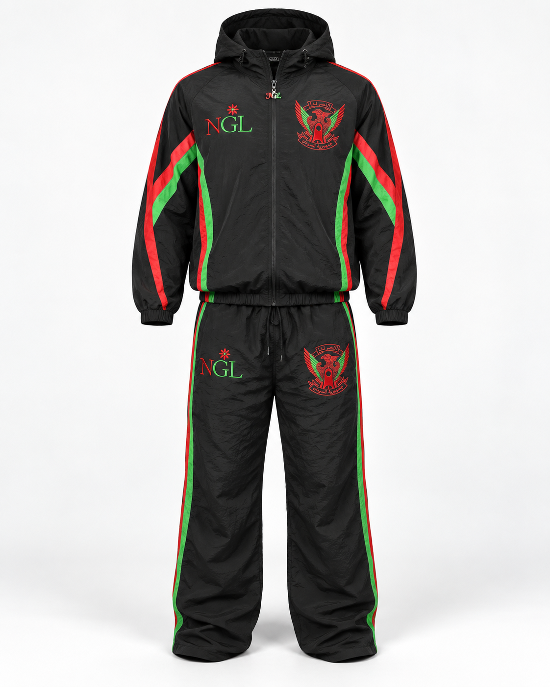 Front view of the black NGL hooded tracksuit with red and green panels, NGL embroidery and Sudanese crest.